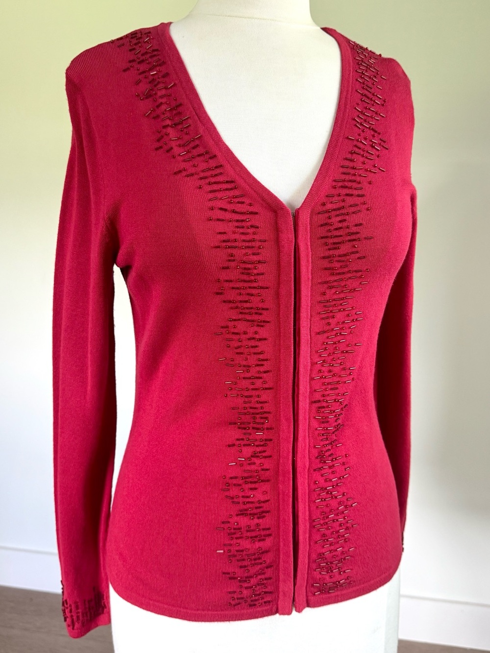 Covington S Red Beaded Hook Front Cardigan Soft Knit Elegant Fall Sweater LN